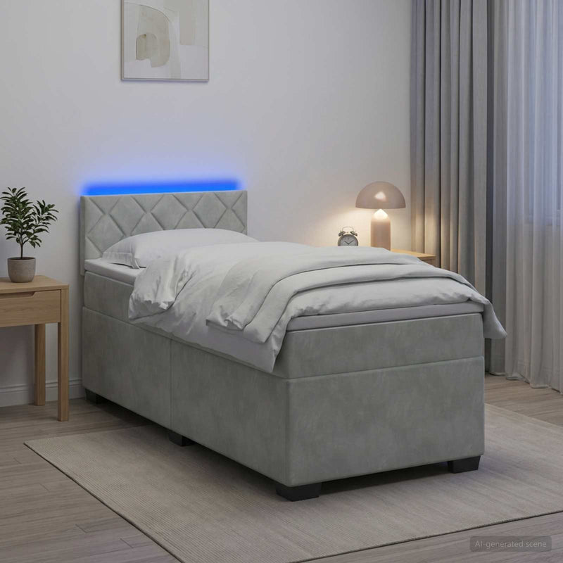 Pat box spring cu saltea și LED Gri deschis Unic Catifea