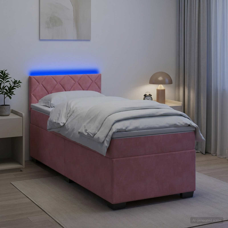 Pat box spring cu saltea și LED Roz 100 x 200 cm Catifea
