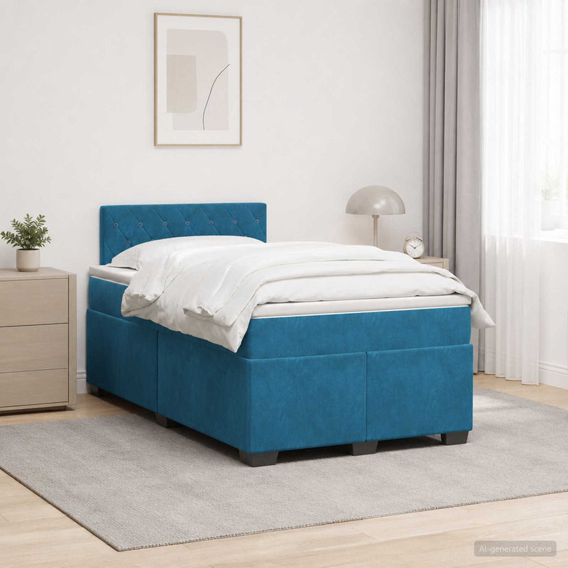 Pat box spring cu saltea și LED albastru 120 x 190 cm Catifea