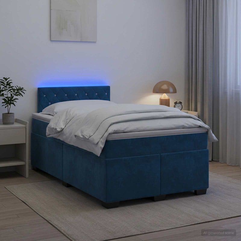 Pat box spring cu saltea și LED albastru 120 x 190 cm Catifea
