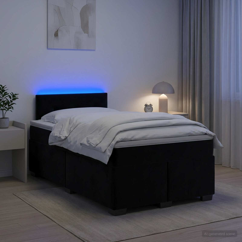 Pat box spring cu saltea și LED Negru 120 x 190 cm Catifea