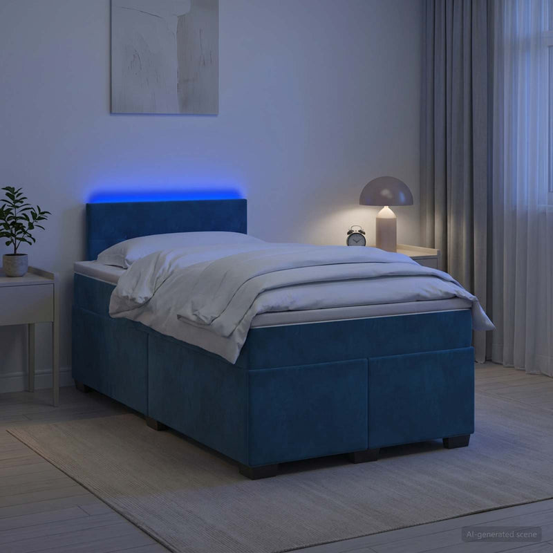 Pat box spring cu saltea și LED albastru 120 x 190 cm Catifea