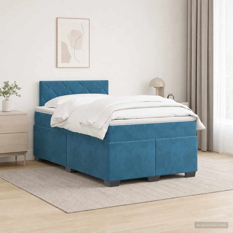 Pat box spring cu saltea și LED albastru 120 x 190 cm Catifea