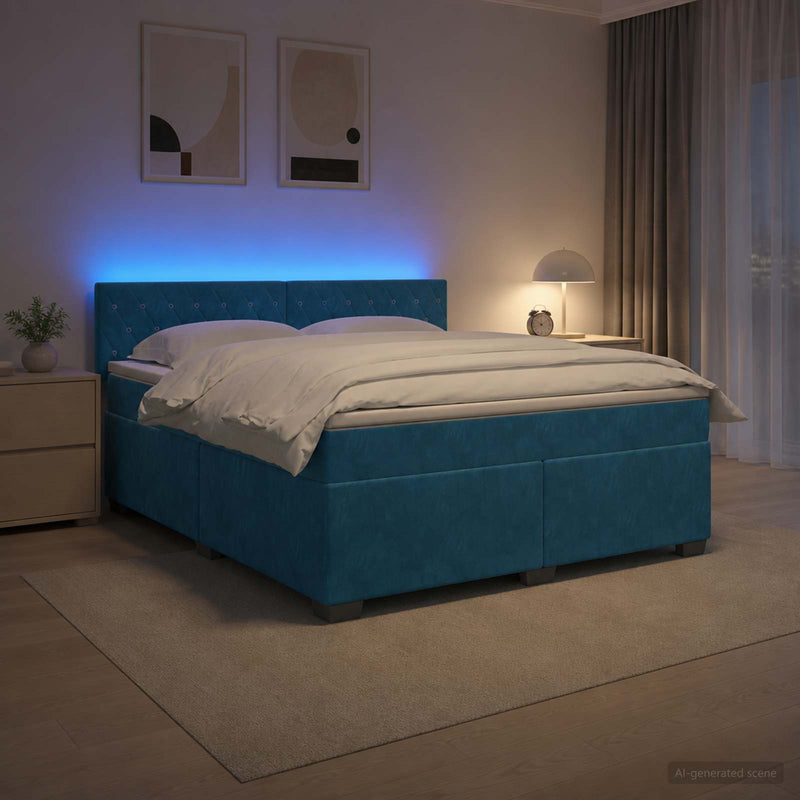 Pat box spring cu saltea și LED albastru 180 x 200 cm Catifea
