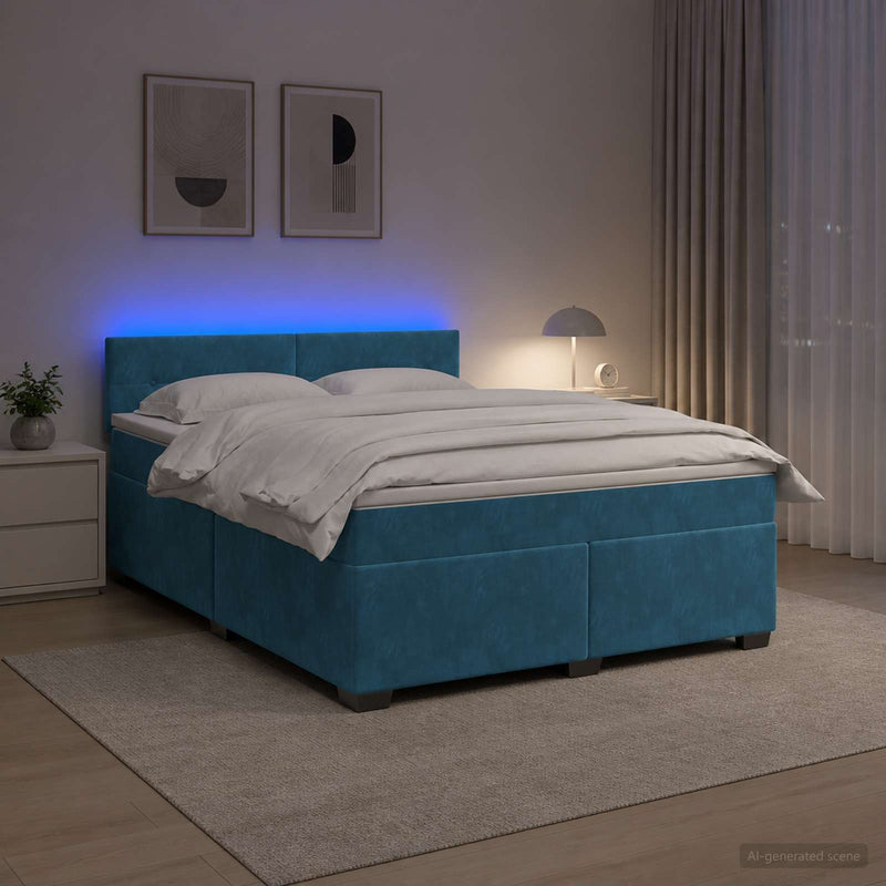 Pat box spring cu saltea și LED albastru 180 x 200 cm Catifea