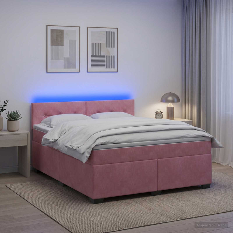 Pat box spring cu saltea și LED Roz 140 x 200 cm Catifea