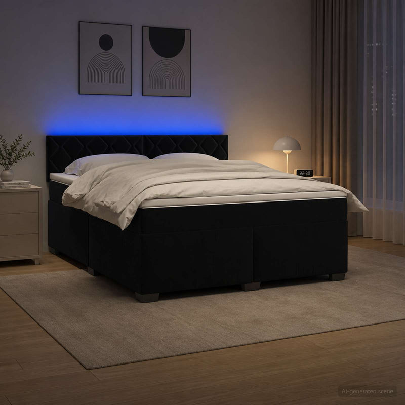 Pat box spring cu saltea și LED Negru 180 x 200 cm Catifea