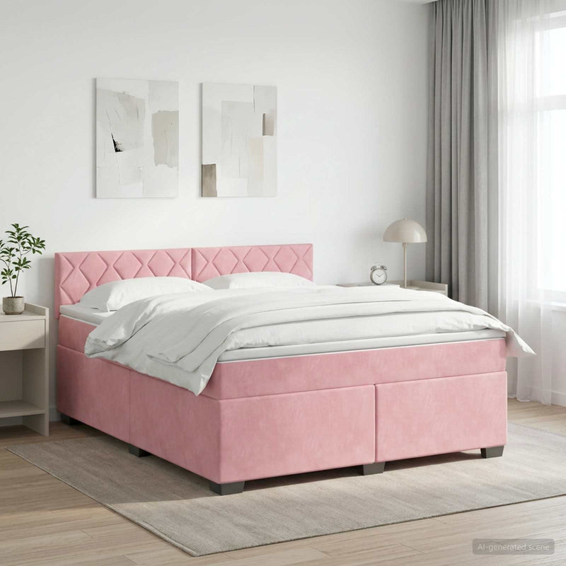 Pat box spring cu saltea și LED Roz 140 x 200 cm Catifea