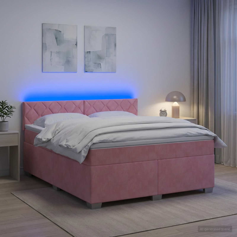 Pat box spring cu saltea și LED Roz 140 x 200 cm Catifea