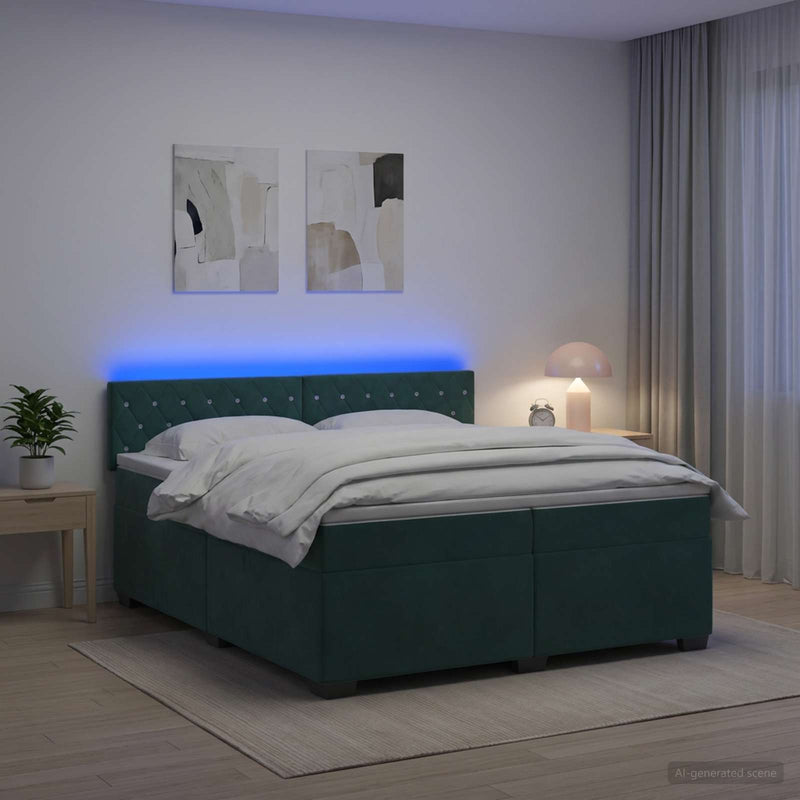 Pat box spring cu saltea și LED Verde închis 200 x 200 cm