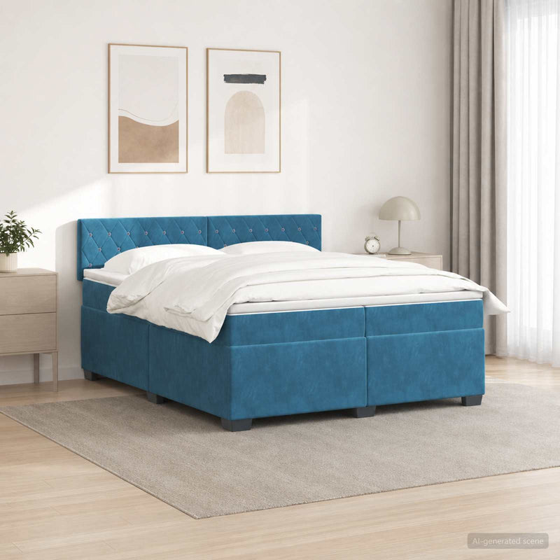 Pat box spring cu saltea și LED albastru 200 x 200 cm Catifea