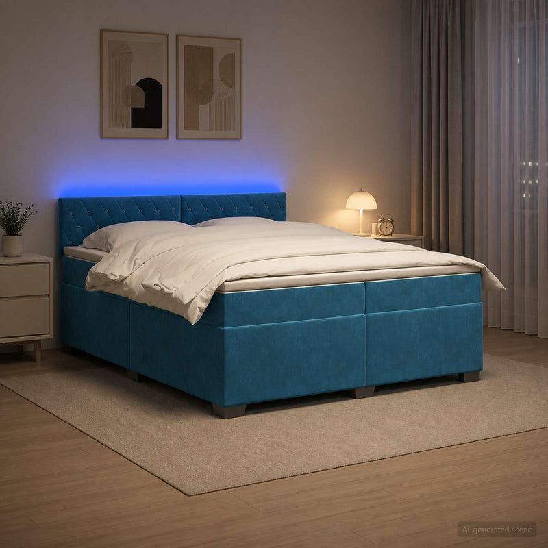 Pat box spring cu saltea și LED albastru 200 x 200 cm Catifea