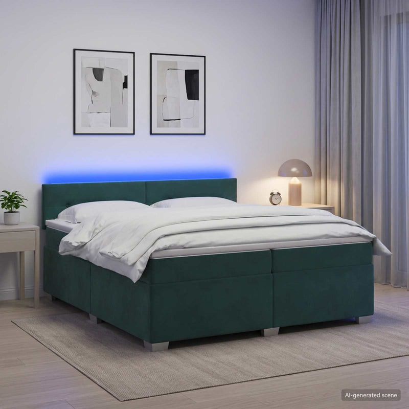 Pat box spring cu saltea și LED Verde închis 200 x 200 cm