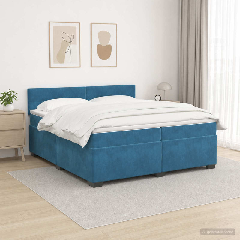Pat box spring cu saltea și LED albastru 200 x 200 cm Catifea