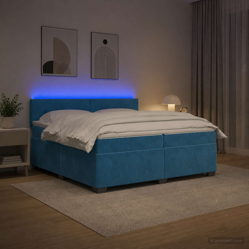 Pat box spring cu saltea și LED albastru 200 x 200 cm Catifea