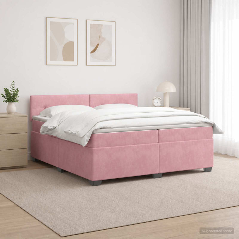 Pat box spring cu saltea și LED Roz 200 x 200 cm Catifea
