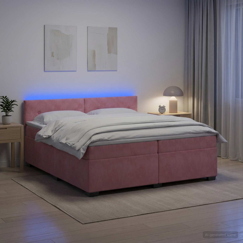 Pat box spring cu saltea și LED Roz 200 x 200 cm Catifea