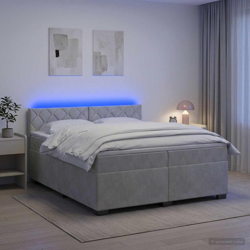 Pat box spring cu saltea și LED Gri deschis 200 x 200 cm