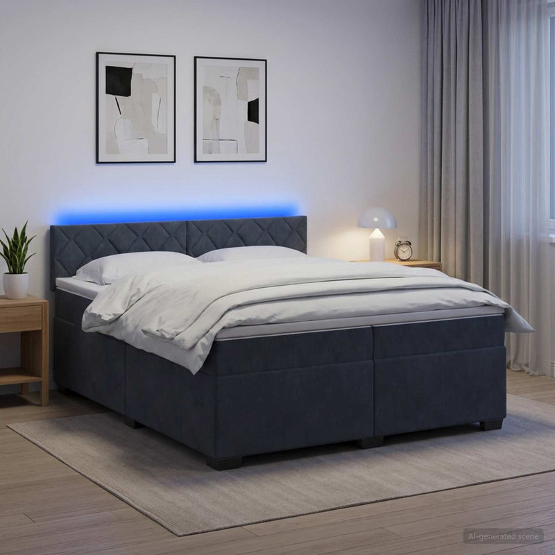 Pat box spring cu saltea și LED Gri închis 200 x 200 cm Catifea