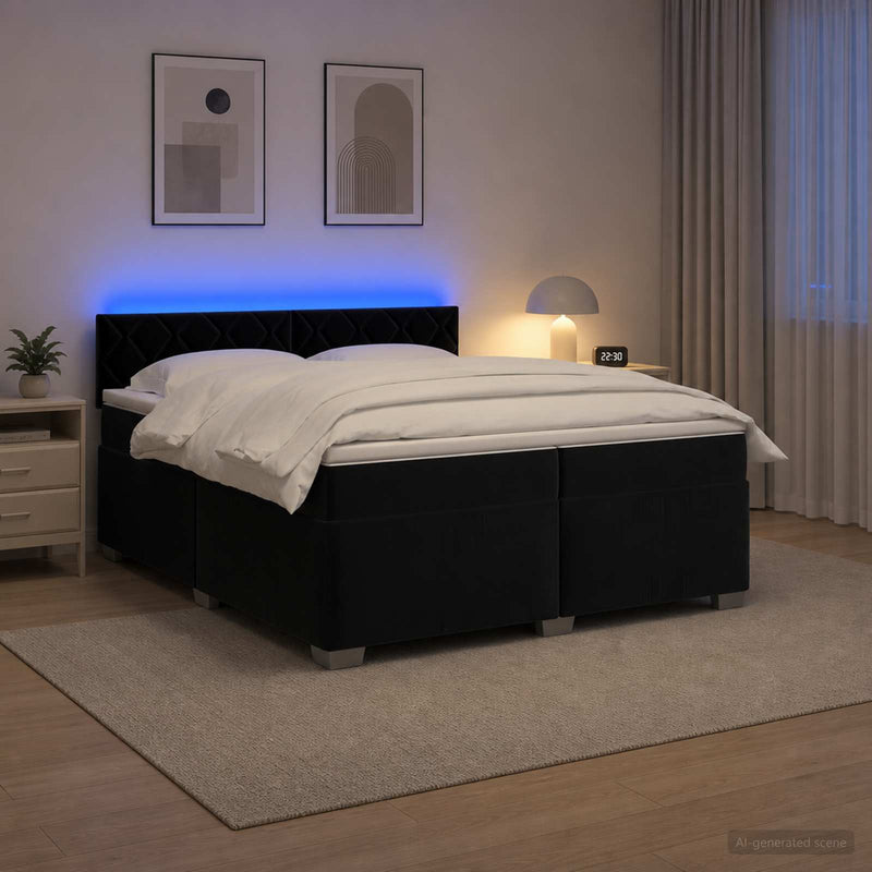 Pat box spring cu saltea și LED Negru 200 x 200 cm Catifea