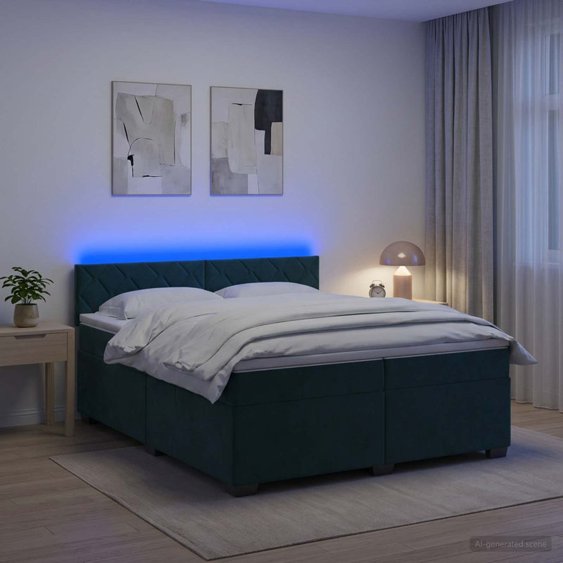 Pat box spring cu saltea și LED Verde închis 200 x 200 cm