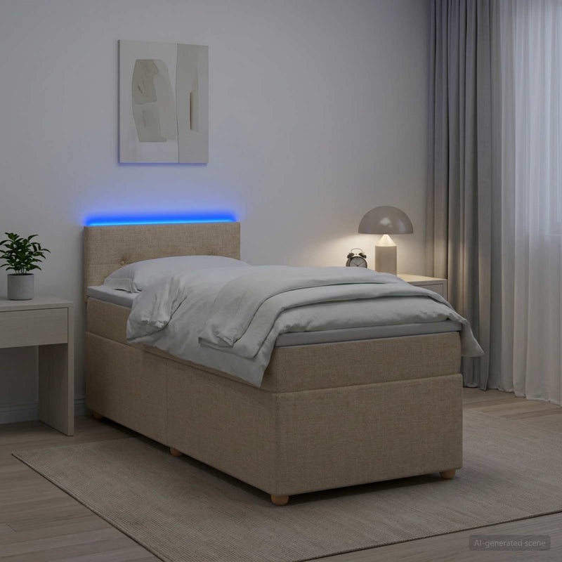 Pat boxspring cu saltea cu benzi LED Crem 100 x 200 cm Țesătură