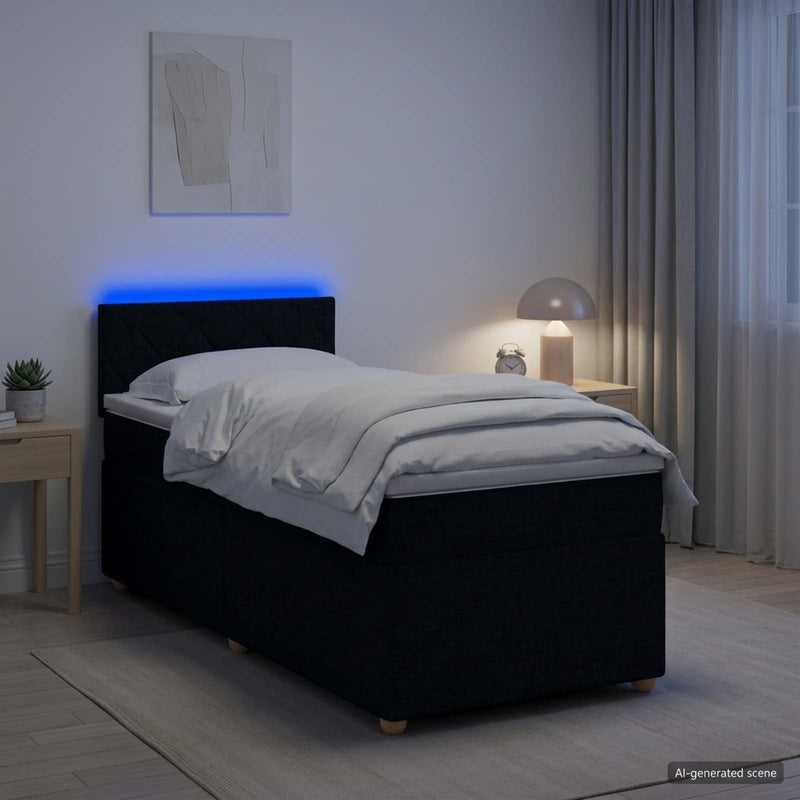 Pat boxspring cu saltea cu benzi LED Negru 90 x 200 cm Țesătură