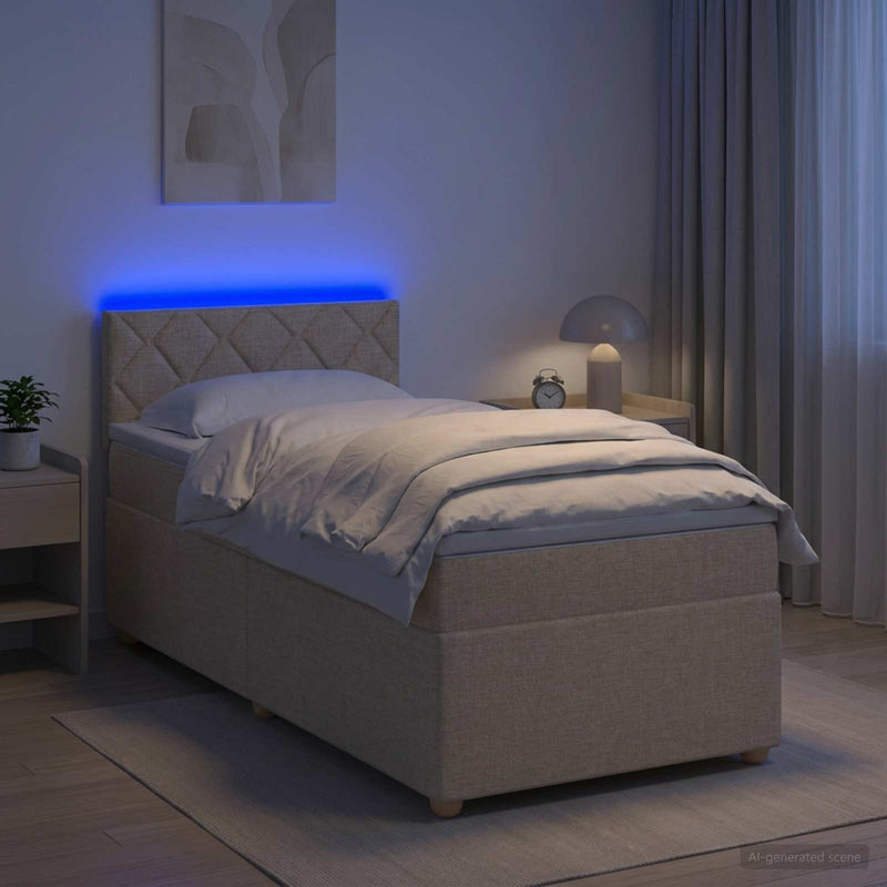 Pat boxspring cu saltea cu benzi LED Crem 100 x 200 cm Țesătură