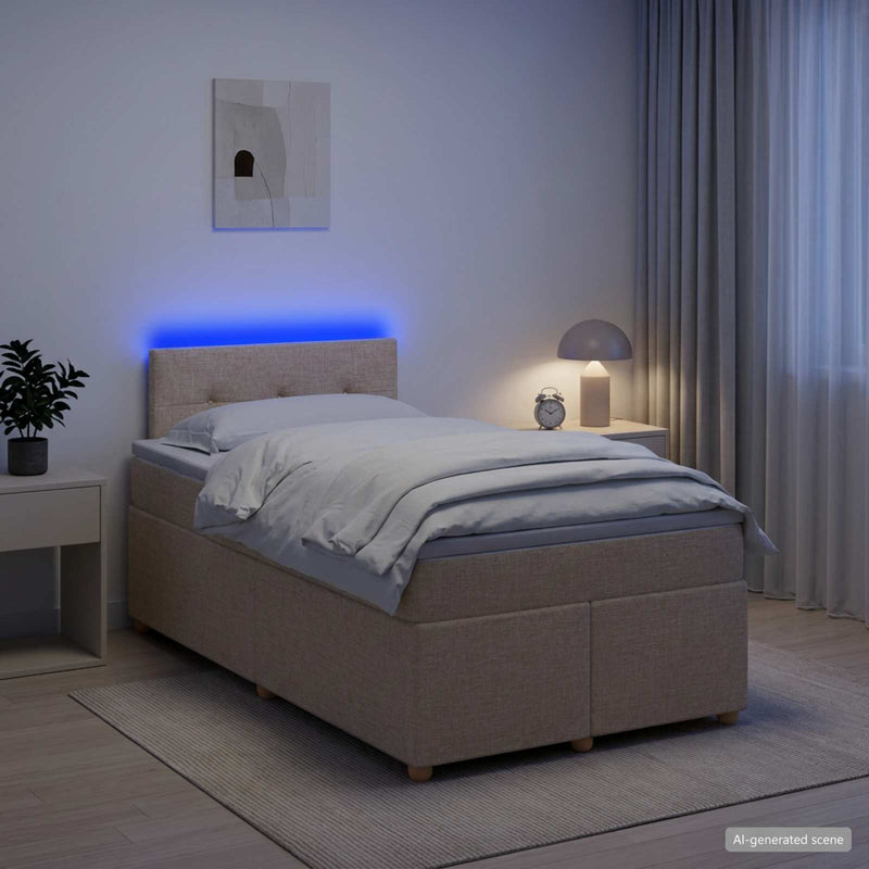 Pat boxspring cu saltea cu benzi LED Crem 120 x 190 cm Țesătură