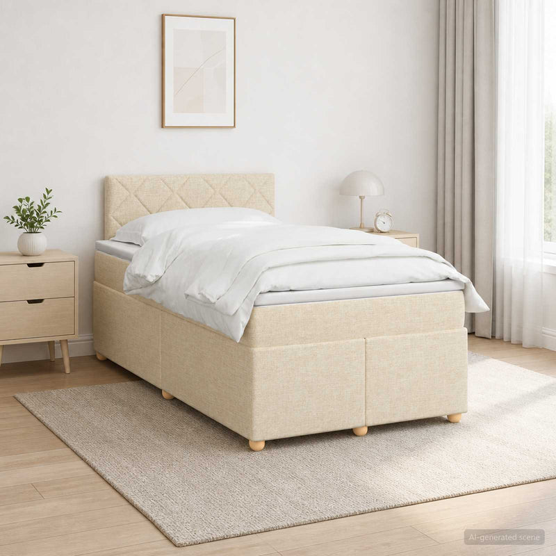 Pat boxspring cu saltea cu benzi LED Crem 120 x 190 cm Țesătură