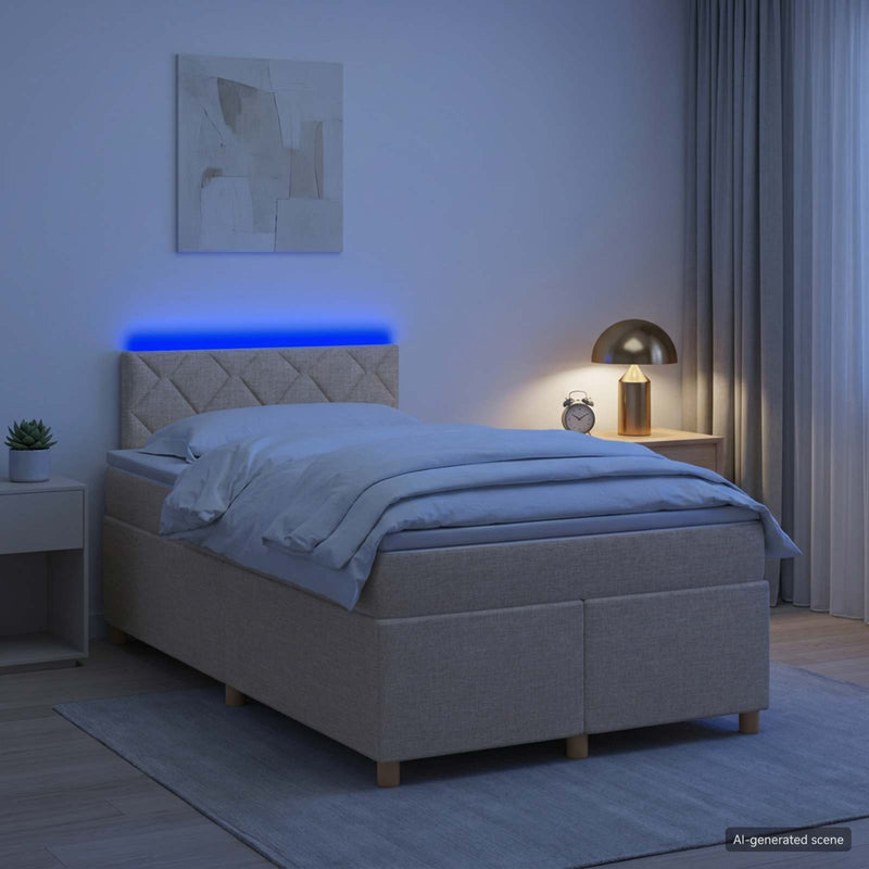 Pat boxspring cu saltea cu benzi LED Crem 120 x 190 cm Țesătură