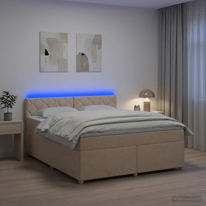 Pat boxspring cu saltea cu benzi LED Crem 180 x 200 cm Țesătură