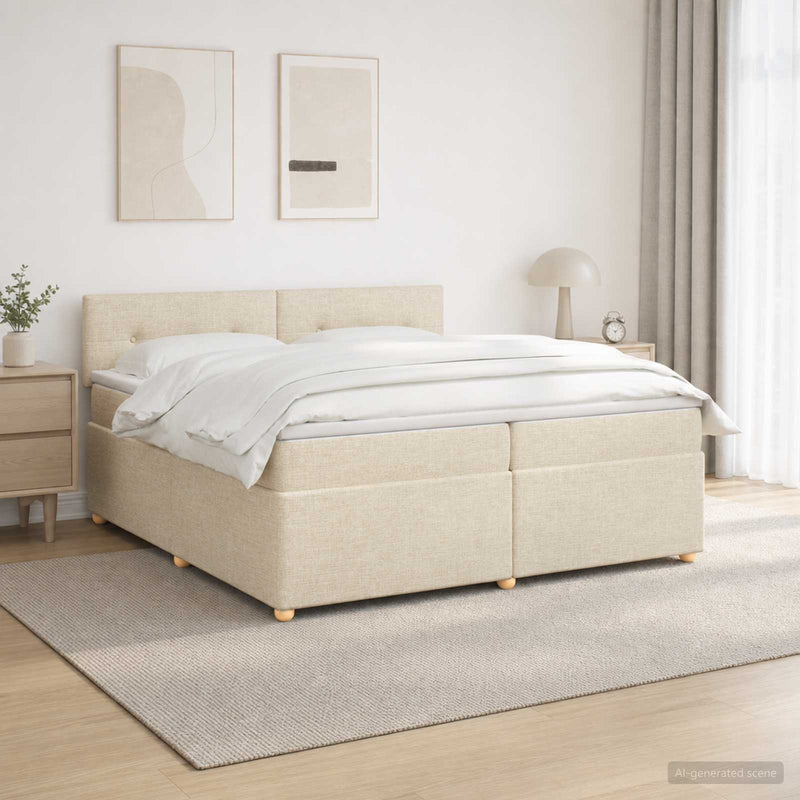 Pat boxspring cu saltea cu benzi LED Crem 200 x 200 cm Țesătură