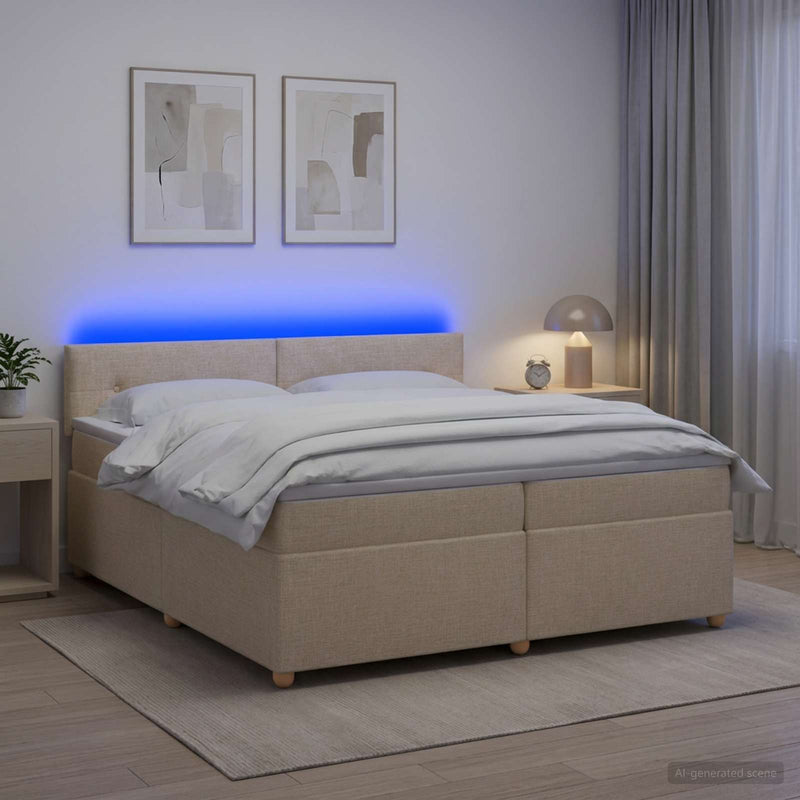 Pat boxspring cu saltea cu benzi LED Crem 200 x 200 cm Țesătură