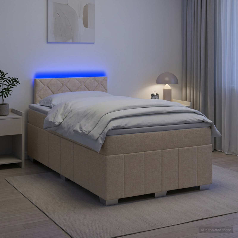Pat boxspring cu saltea cu benzi LED Crem 120 x 200 cm Țesătură