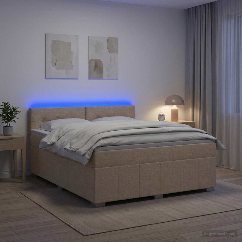 Pat boxspring cu saltea cu benzi LED Crem 140 x 190 cm Țesătură