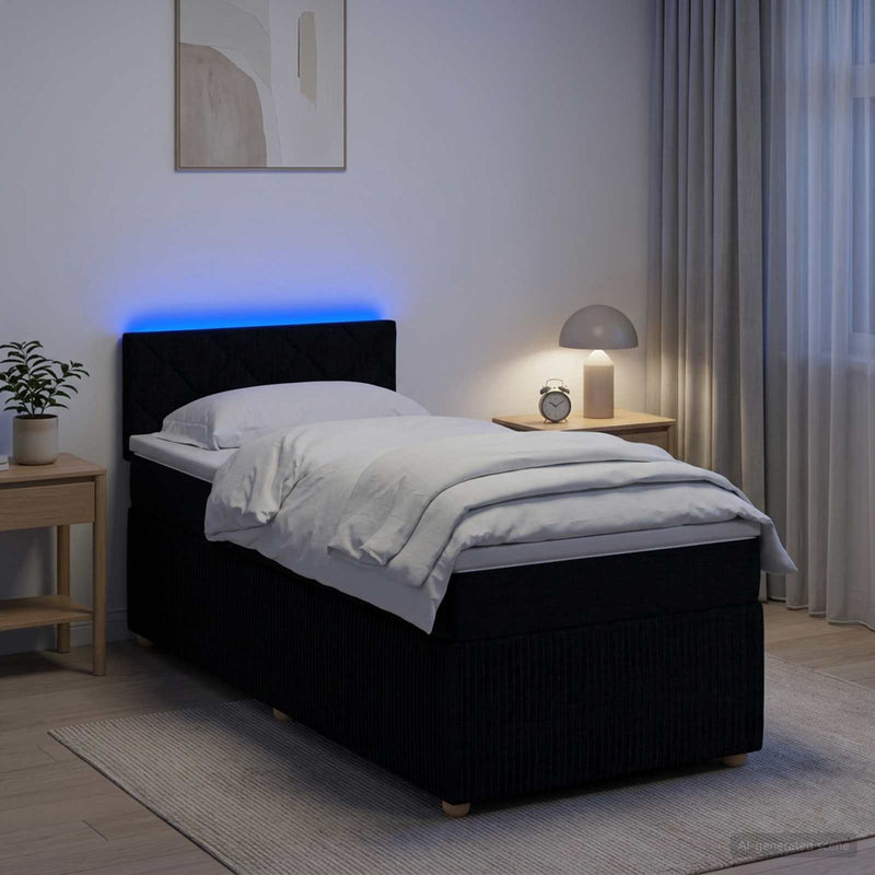 Pat boxspring cu saltea cu benzi LED Negru 90 x 190 cm Țesătură