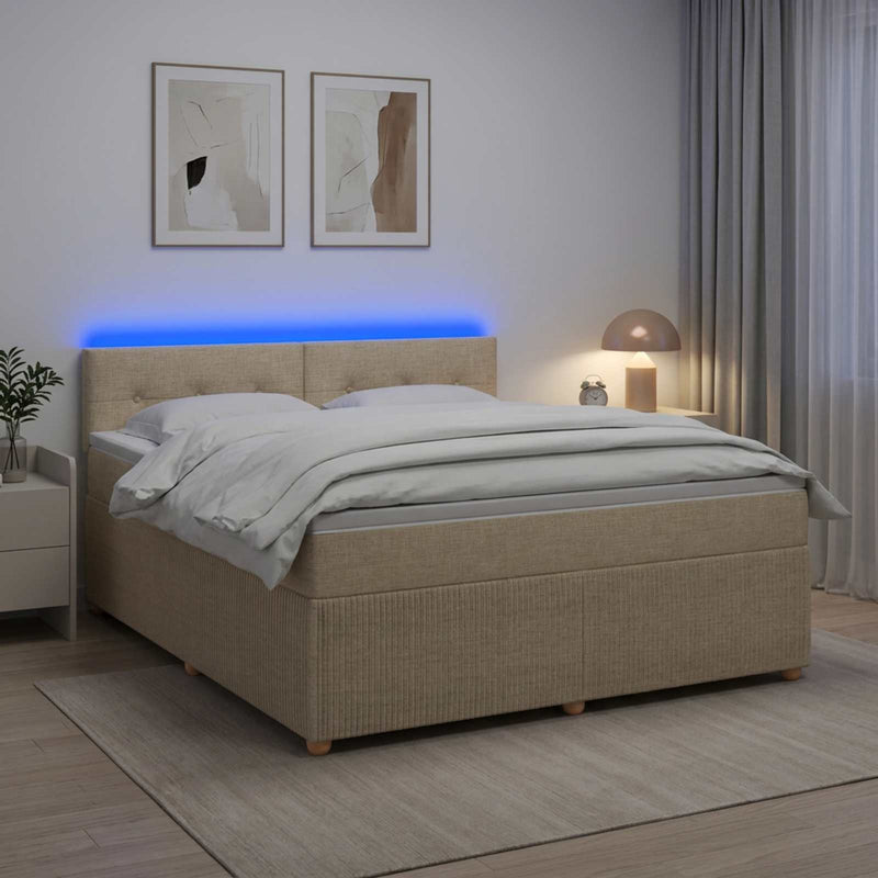 Pat boxspring cu saltea cu benzi LED Crem 140 x 190 cm Țesătură