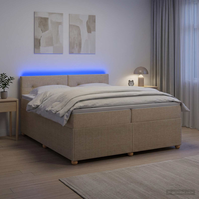 Pat boxspring cu saltea cu benzi LED Crem 200 x 200 cm Țesătură