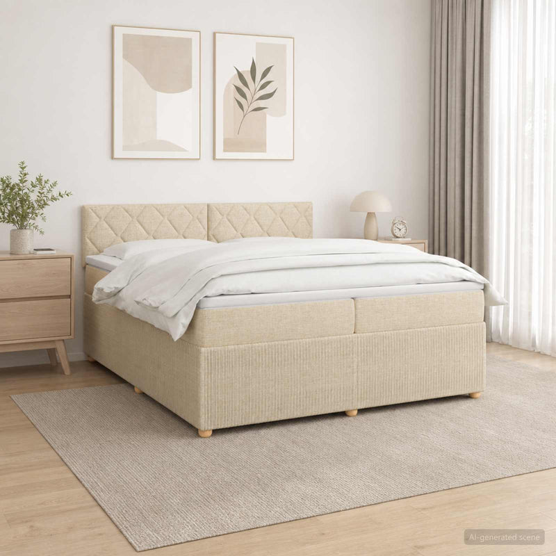 Pat boxspring cu saltea cu benzi LED Crem 200 x 200 cm Țesătură