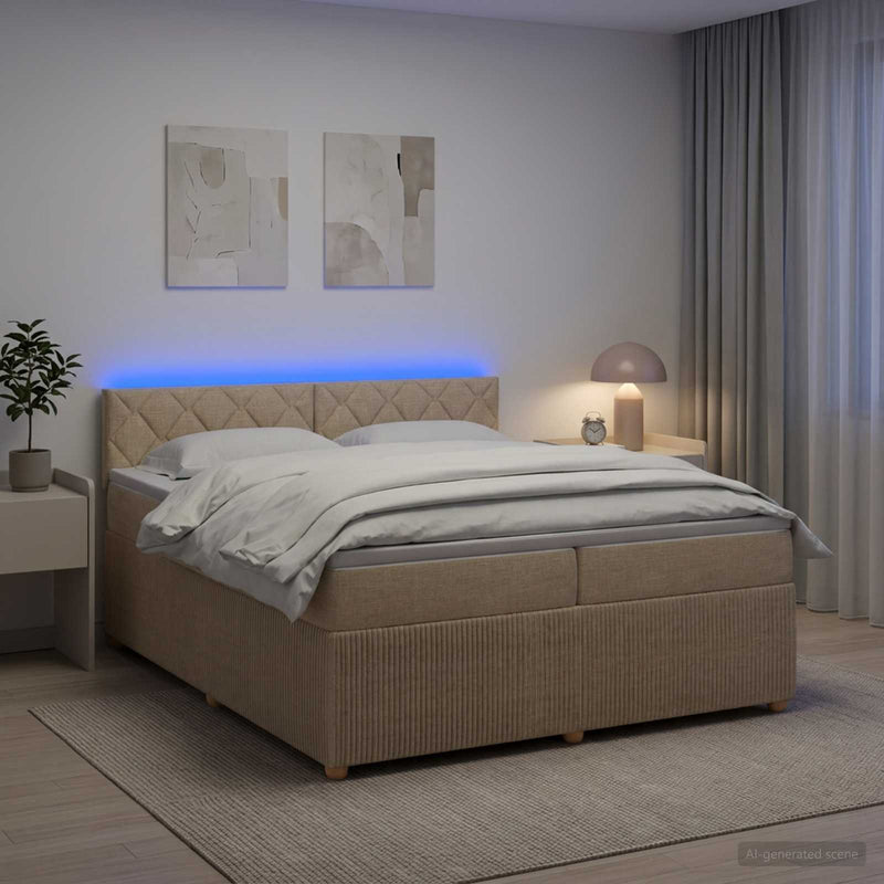 Pat boxspring cu saltea cu benzi LED Crem 200 x 200 cm Țesătură