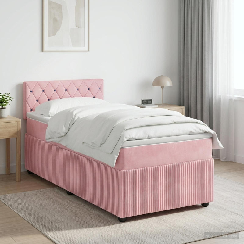 Pat boxspring cu saltea cu benzi LED Roz 100 x 200 cm Catifea