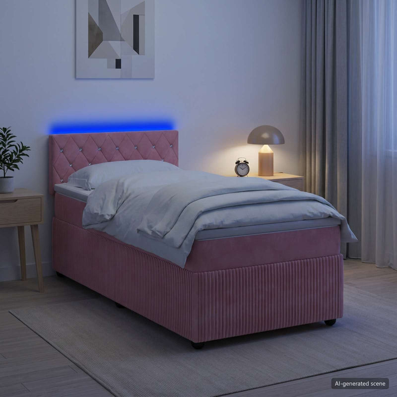 Pat boxspring cu saltea cu benzi LED Roz 100 x 200 cm Catifea