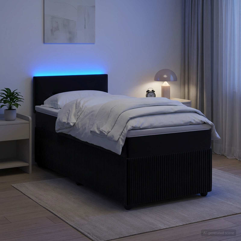 Pat boxspring cu saltea cu benzi LED Negru 90 x 200 cm Catifea