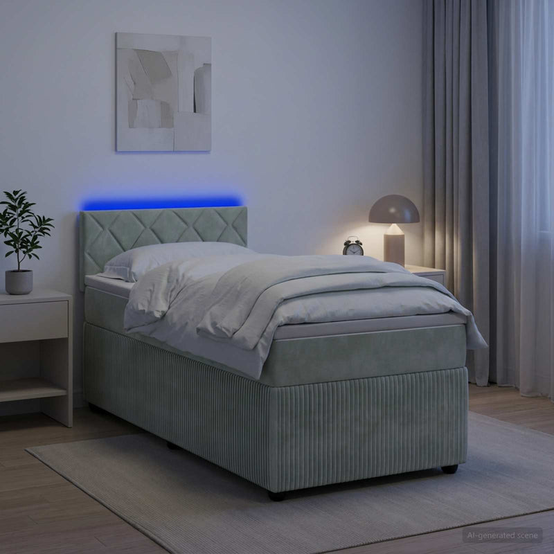 Pat box spring cu saltea și LED Gri deschis 90 x 190 cm Catifea