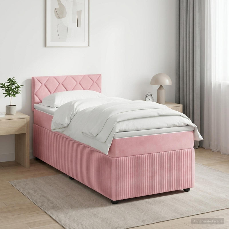 Pat boxspring cu saltea cu benzi LED Roz 90 x 190 cm Catifea