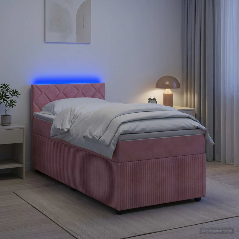 Pat boxspring cu saltea cu benzi LED Roz 90 x 190 cm Catifea