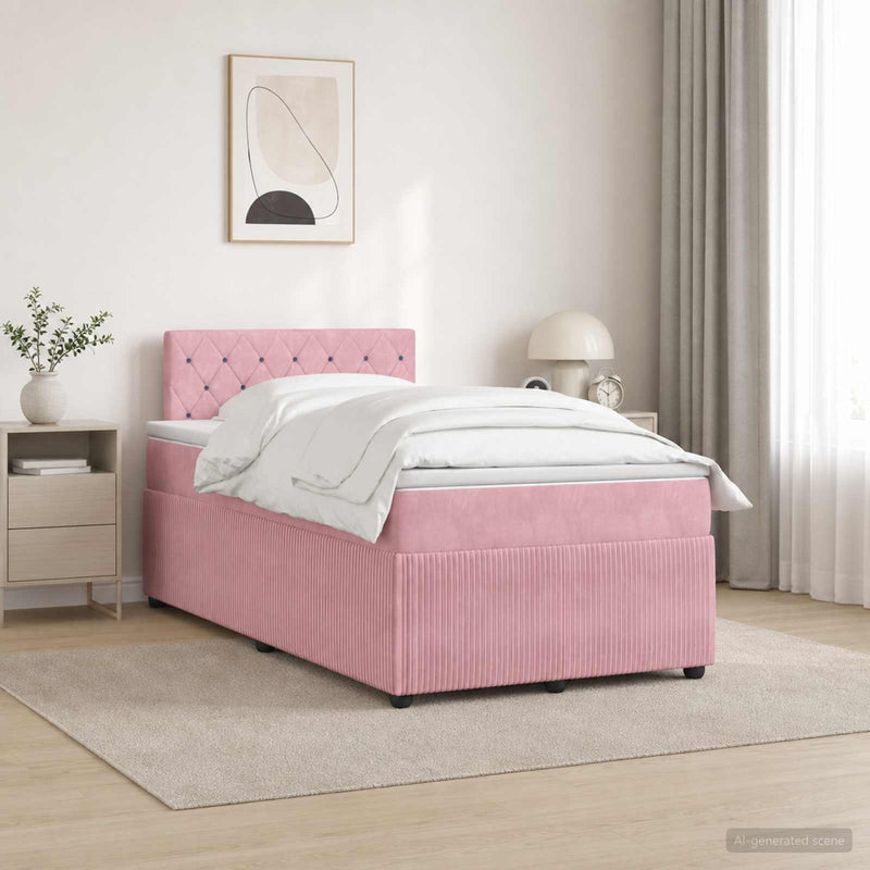 Pat boxspring cu saltea cu benzi LED Roz 120 x 190 cm Catifea