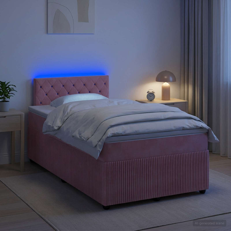 Pat boxspring cu saltea cu benzi LED Roz 120 x 190 cm Catifea