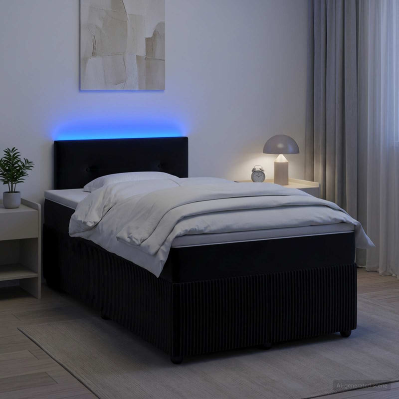 Pat boxspring cu saltea cu benzi LED Negru 120 x 190 cm Catifea